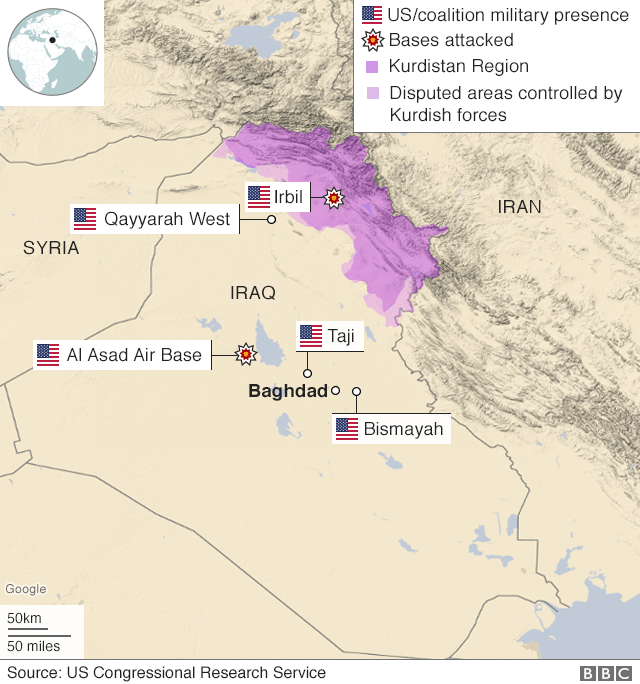 Карта, показывающая базы США в Ираке