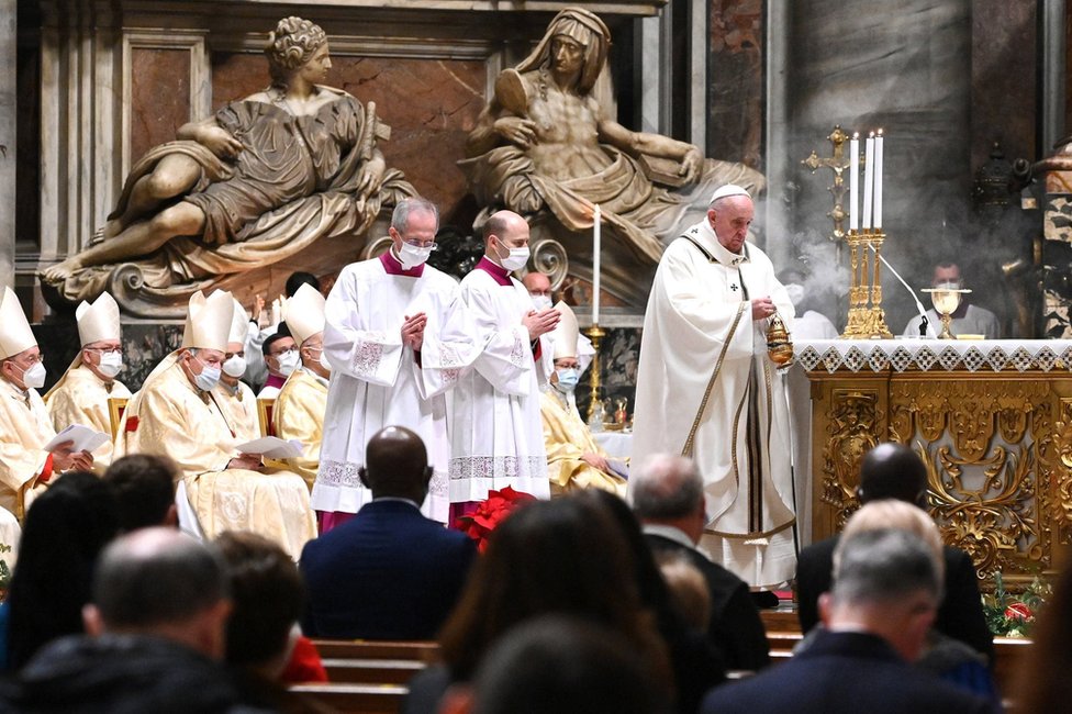 Pope Francis leads a Christmas Eve Mass at St Peter's Basilica in the Vatican. Photo: 24 December 2020
