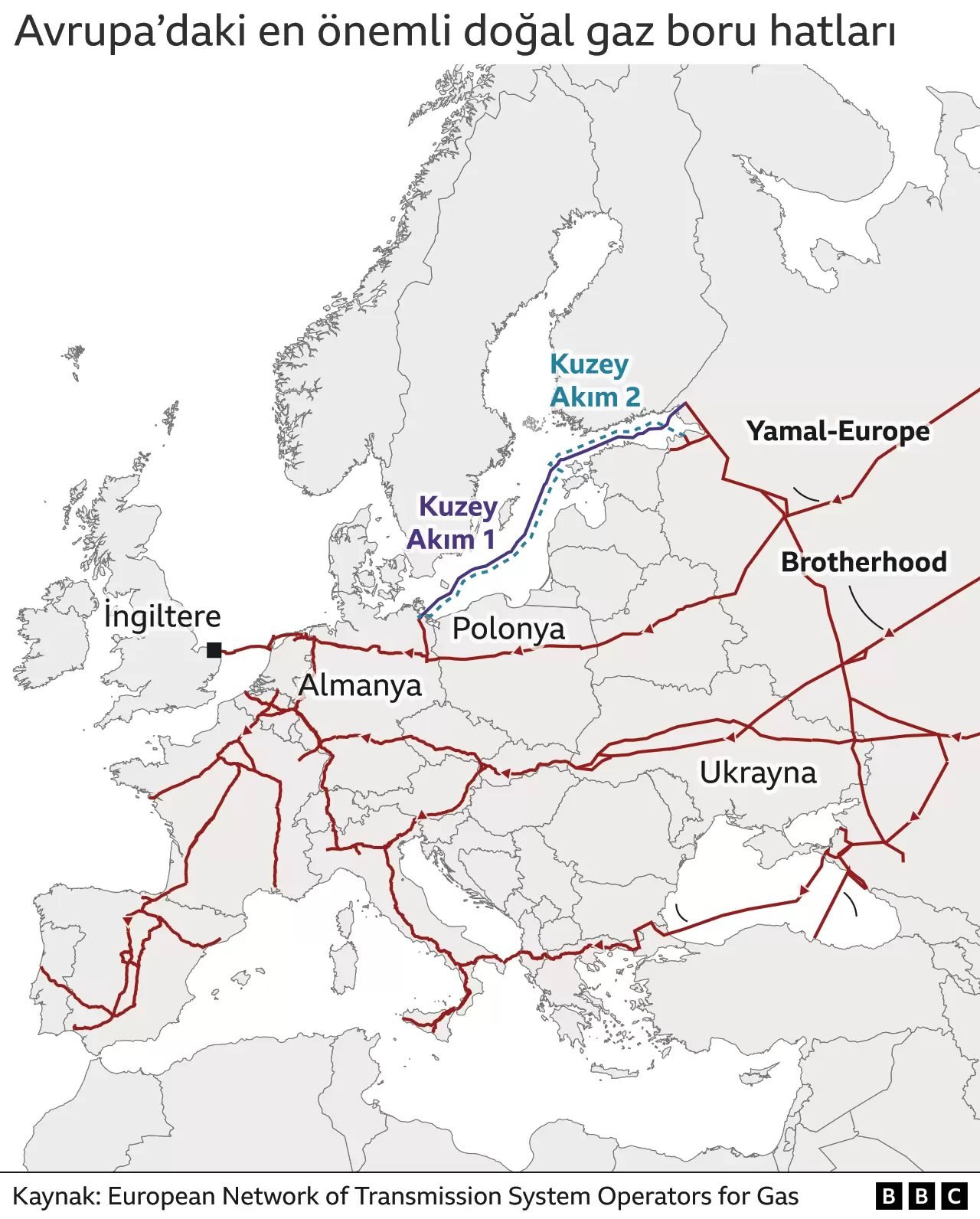 Avrupa'daki önemli boru hatlarını gösteren harita.