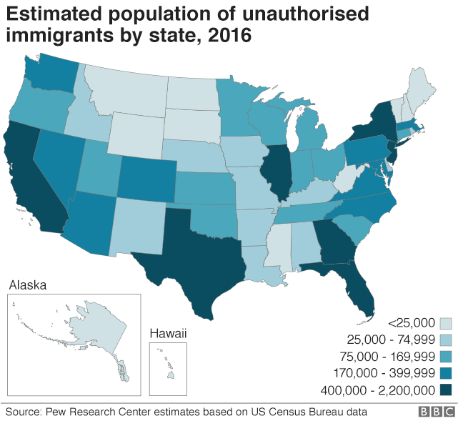 Карта США с указанием численности нелегальных иммигрантов по штатам