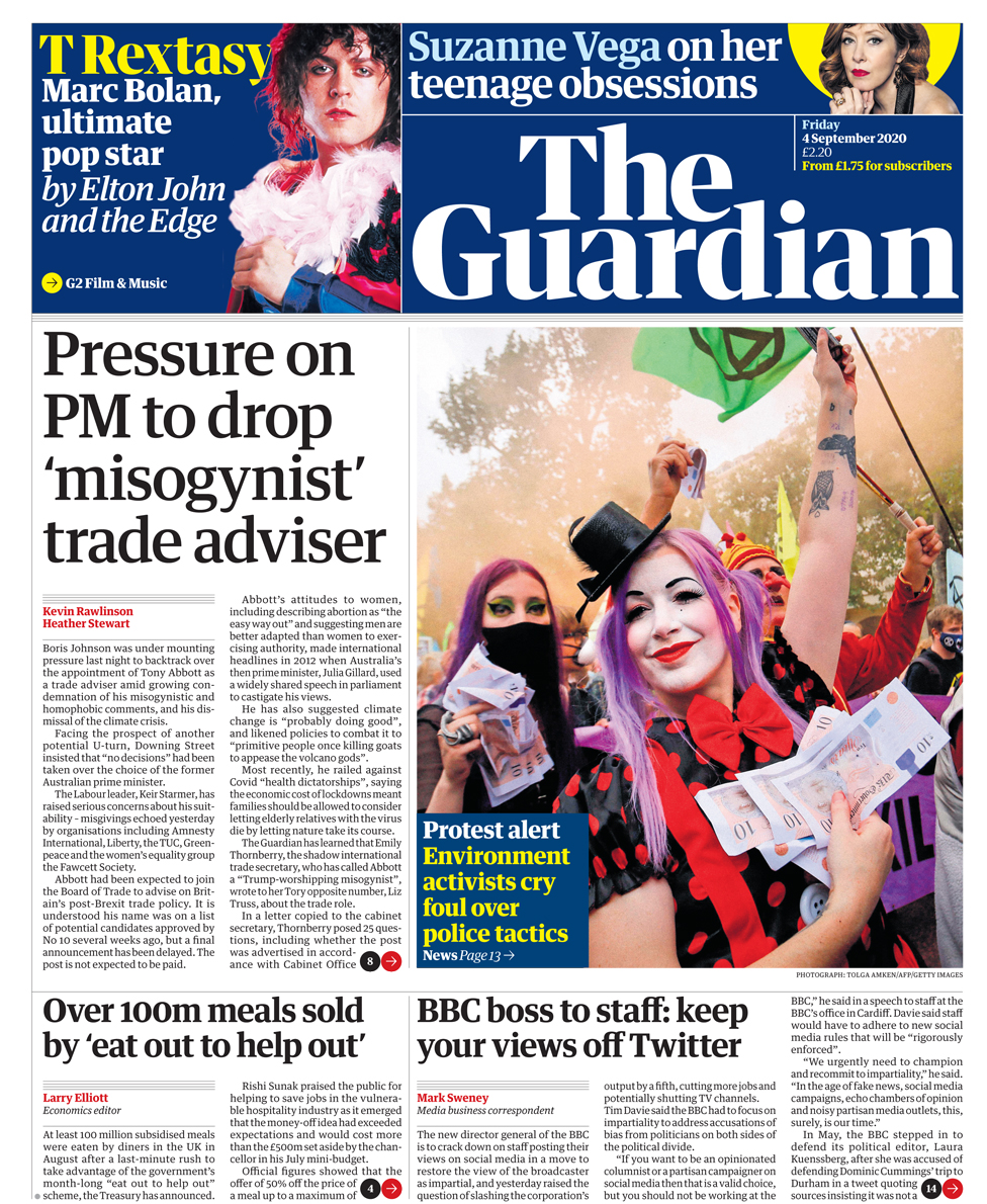 Front page of the Guardian