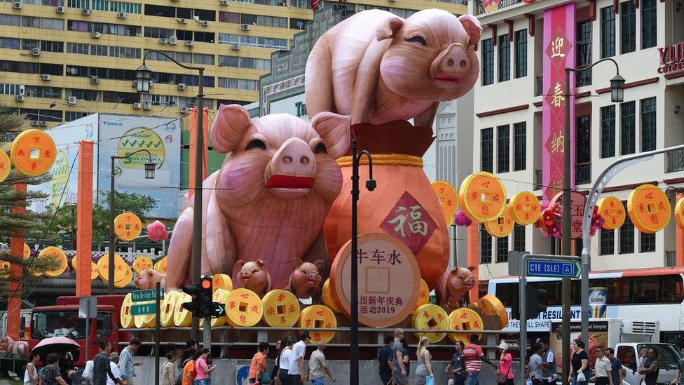 Украшение свиней к приближающемуся Лунному Новому году в китайском квартале Сингапура