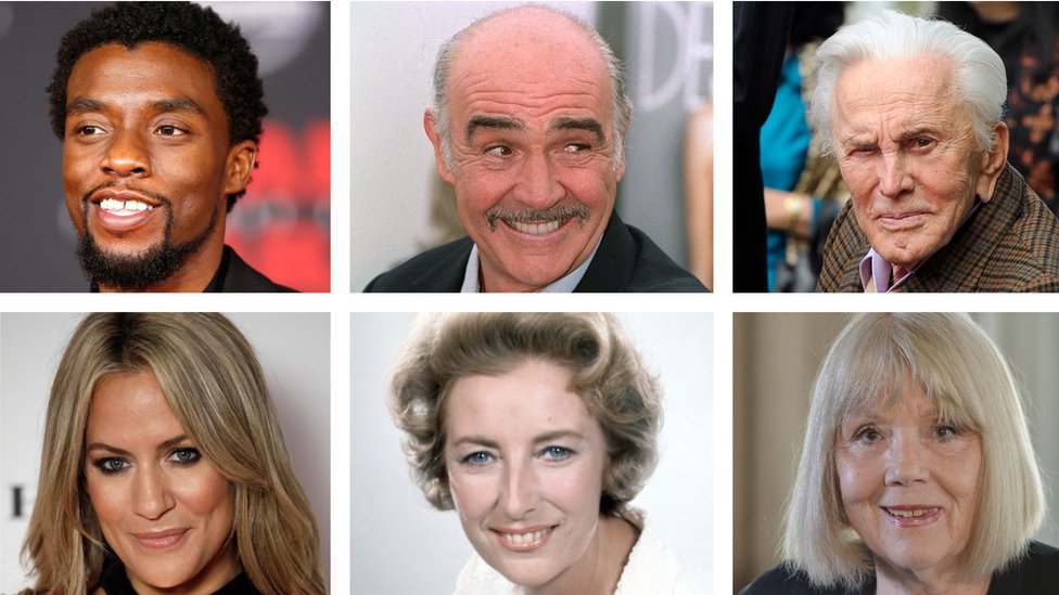 Clockwise from top left: Chadwick Boseman, Sean Connery, Kirk Douglas, Diana Rigg, Vera Lynn, Caroline Flack