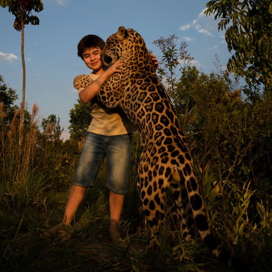Un jaguar abraza a Tiago.