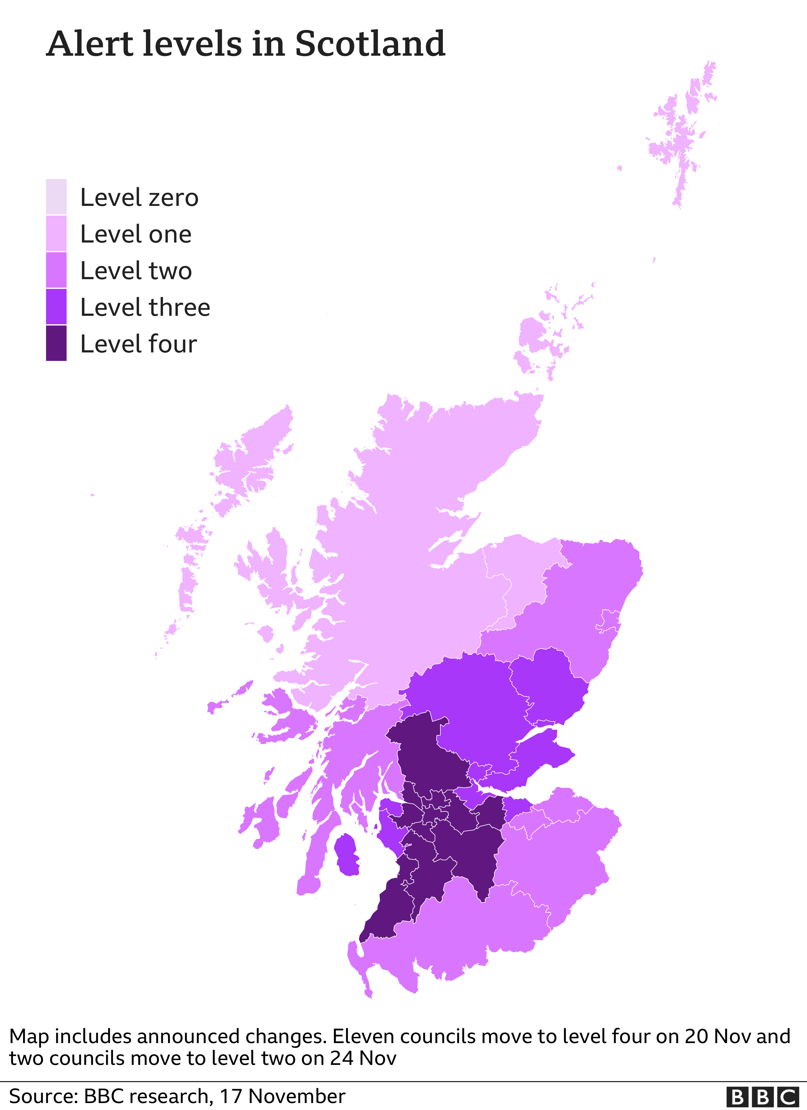 карта с указанием уровней тревоги в Шотландии