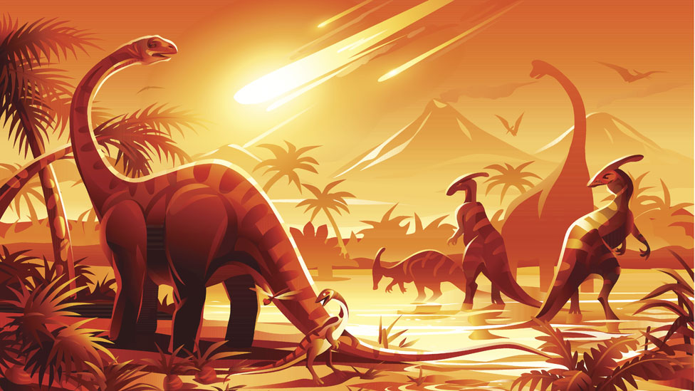 Ilustración de dinosaurios bajo una lluvia de meteoritos.