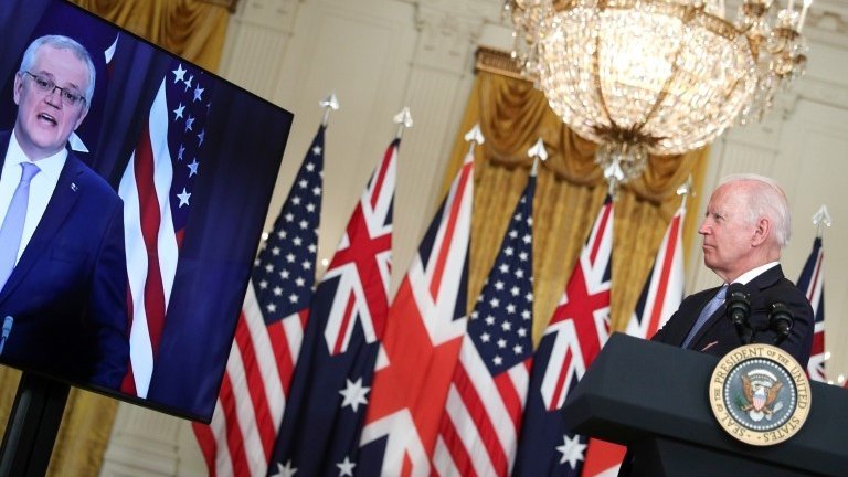 President Joe Biden delivers remarks on a National Security Initiative virtually with Australian Prime Minister Scott Morrison