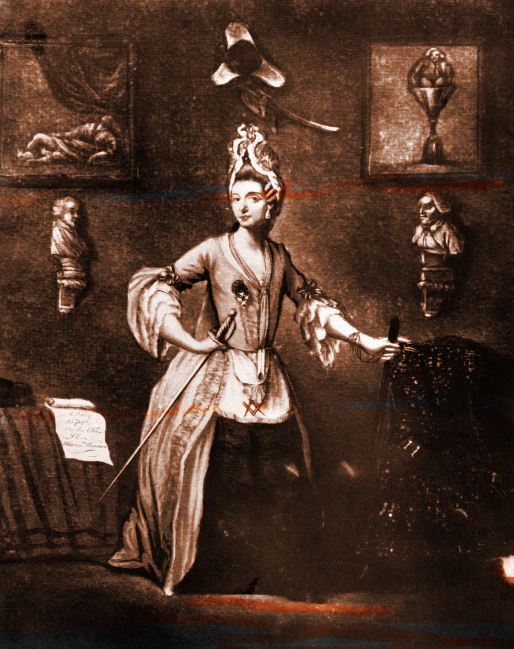 El Chevalier d'Éon, Charles de Beaumont, con traje masónico femenino.