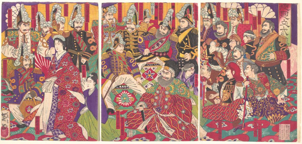 Ilustración a color de funcionarios civiles y militares dela era Meiji.