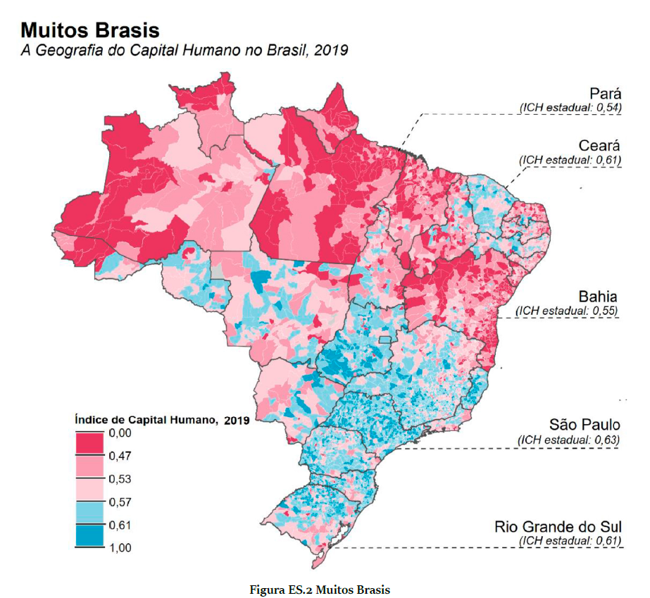 Mapa do Brasil mostra desigualdades no Índice de Capital Humano em 2019