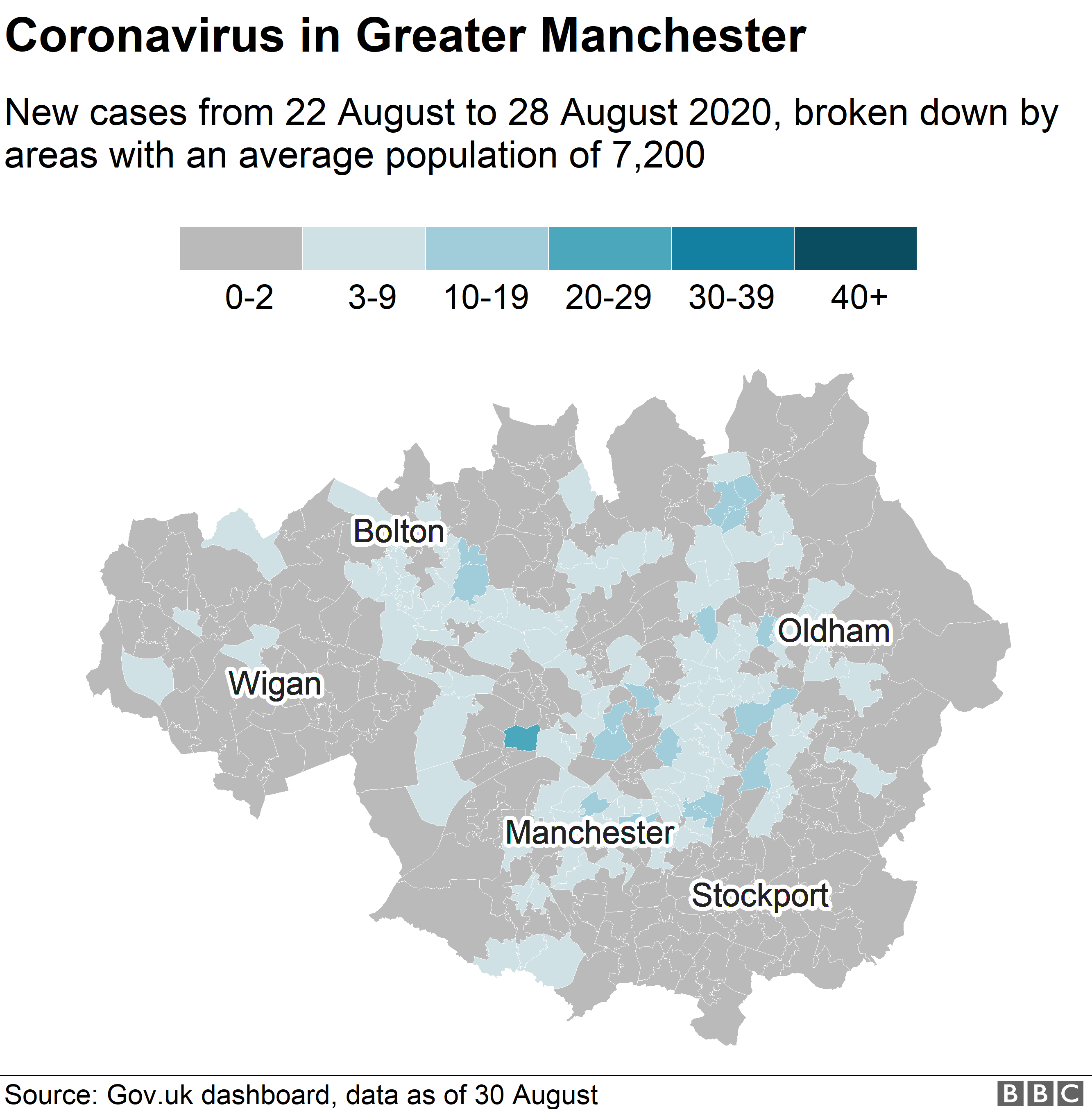 Карта, показывающая случаи коронавируса в Большом Манчестере