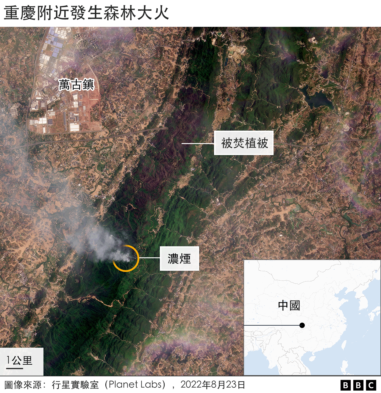 衛星照片：重慶附近發生森林大火