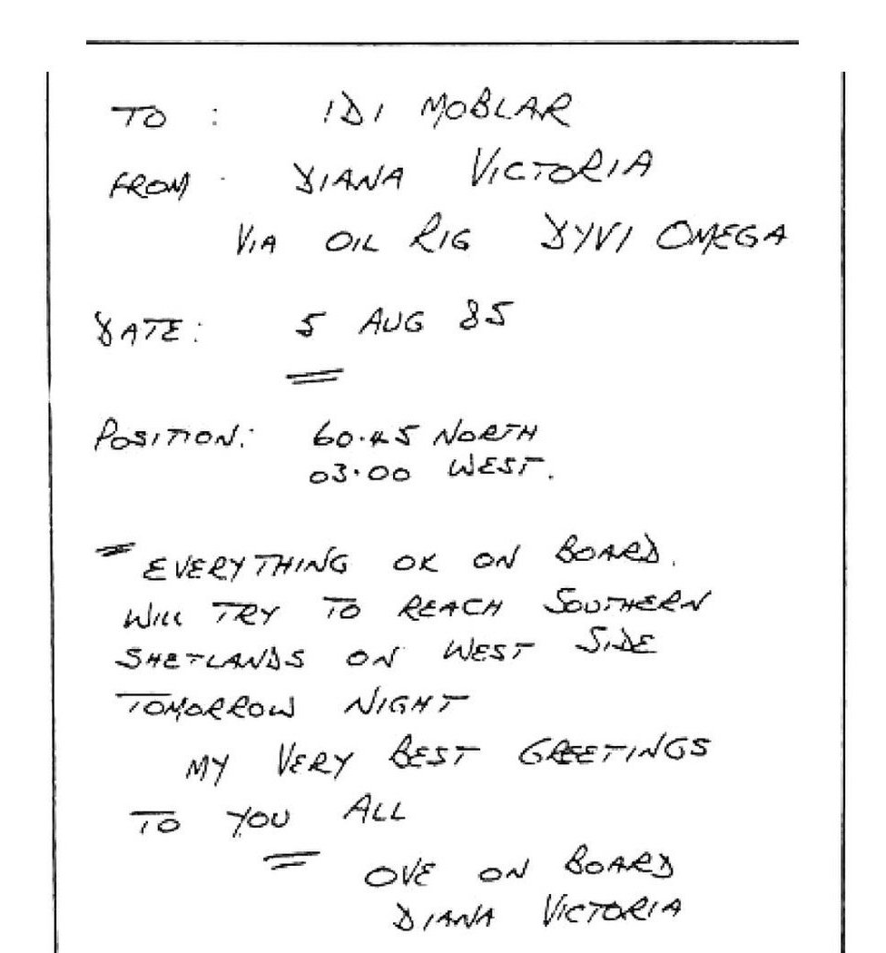 Телеграмма, написанная Уве Йоэнсеном с нефтяной вышки недалеко от Шетланда в 1985 году, гласит: «На борту все в порядке. Постараюсь добраться до Южных Шетландских островов на западной стороне завтра вечером. Мои наилучшие поздравления всем вам. Уве на борту« Дианы » Виктория."