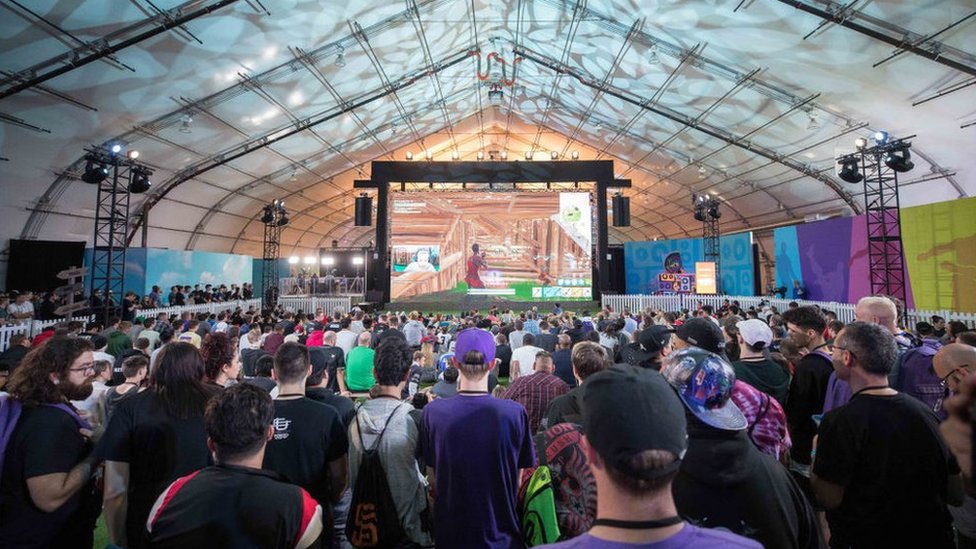 Crowd of fans watching Fortnite competition at TwitchCon, San Jose Convention Center on October 26, 2018 in San Jose, California