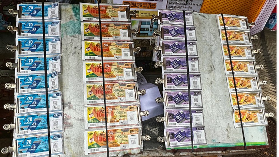 Lottery tickets displayed at a shop along the roadside in Thiruvananthapuram, Kerala, on 12 May, 2022