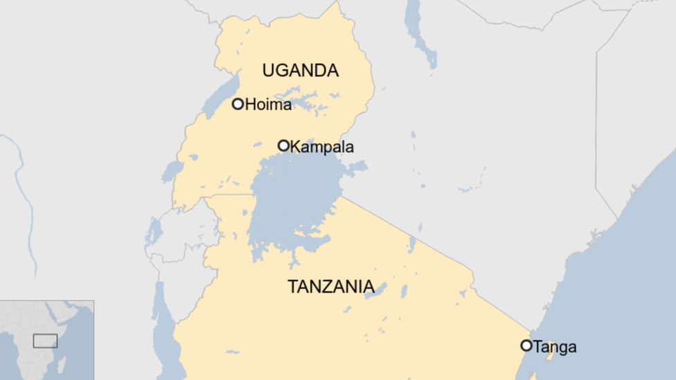 A map showing Tanga in Tanzania and Hoima in Uganda.