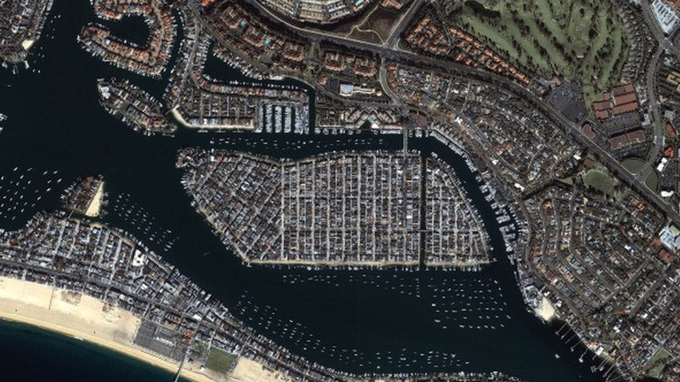 A satellite image of the Balboa Island, Newport Beach, California, US