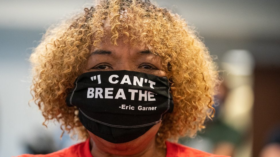 Gwen Carr, the mother of Eric Garner, wearing a protective mask attends New York Governor Andrew Cuomo`s daily media briefing at the Office of the Governor of the State of New York on 12 June 2020 in New York City