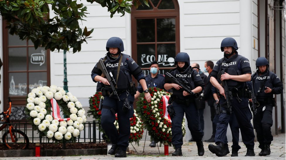 Police officers at site of wreath-laying ceremony in Vienna, Austria, 3 Nov, 2020