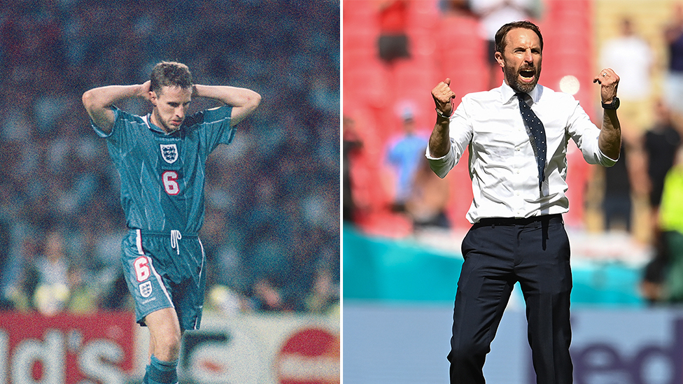 Split screen of Southgate after his penalty miss in 1996 and in the England v Croatia game in 2021.