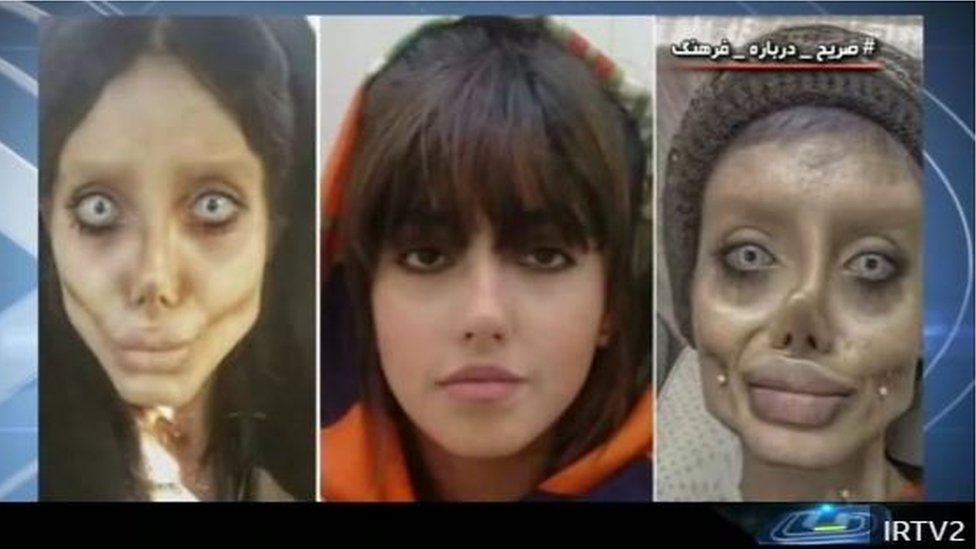 Скриншот иранской телепередачи, на которой Сахар Табар до и после пластической операции