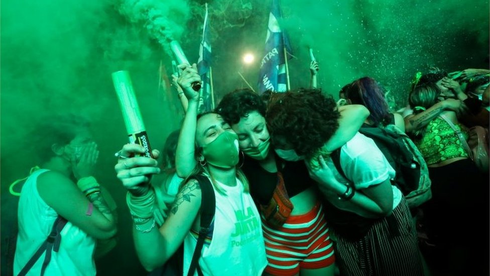 Demonstrators in favour of legalizing abortion react after the senate passed an abortion bill, in Buenos Aires, Argentina, December 30, 2020.