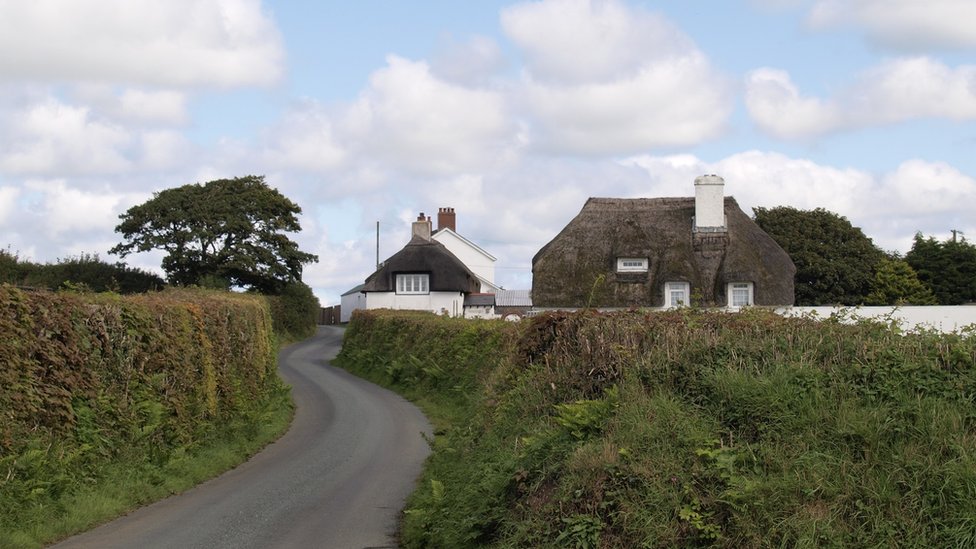 Small country road past thatched houses, Cornwall, UK