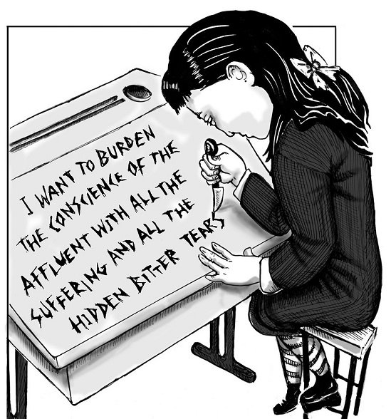 Cartoon of Rosa as a child, engraving the quote "I want to burden the conscience of the affluent with all the suffering and all the hidden, bitter tears" on her school desk