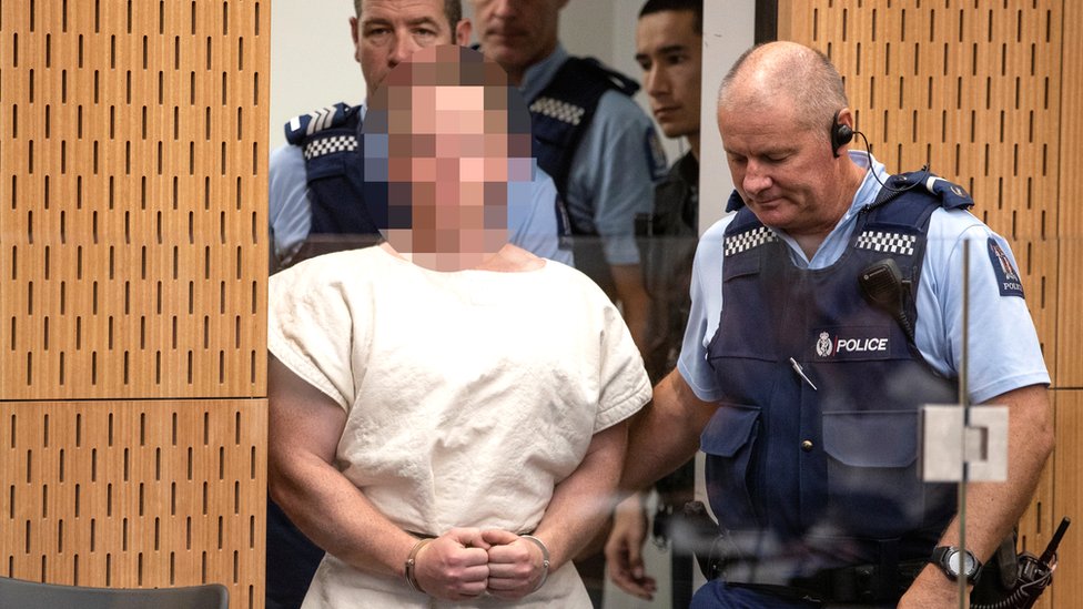 Brenton Tarrant, charged for murder in relation to the mosque attacks, makes his first appearance in the Christchurch District Court