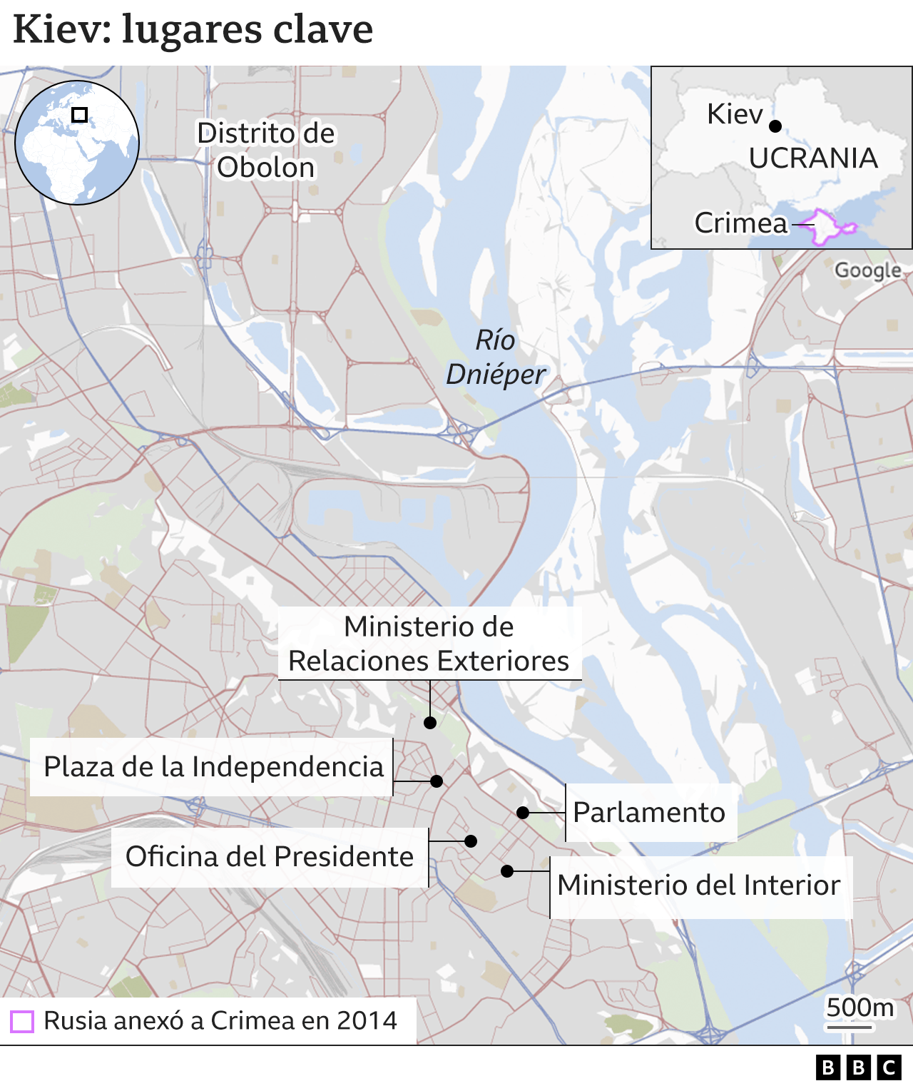Mapa de lugares clave de Kiev, capital de Ucrania