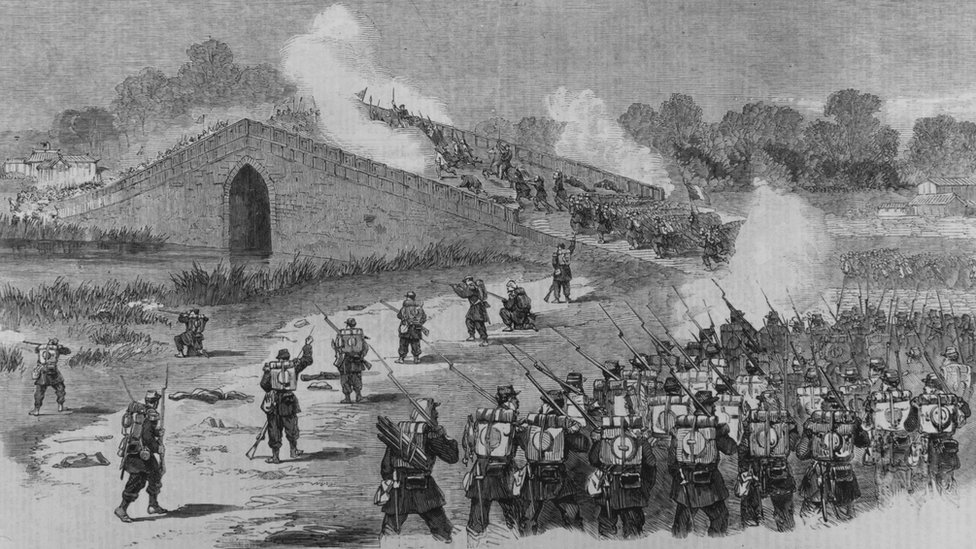 Soldiers of the French Foreign Legion attack on the bridge Pa-Li-Chian eight miles from Peking during the Second Opium War