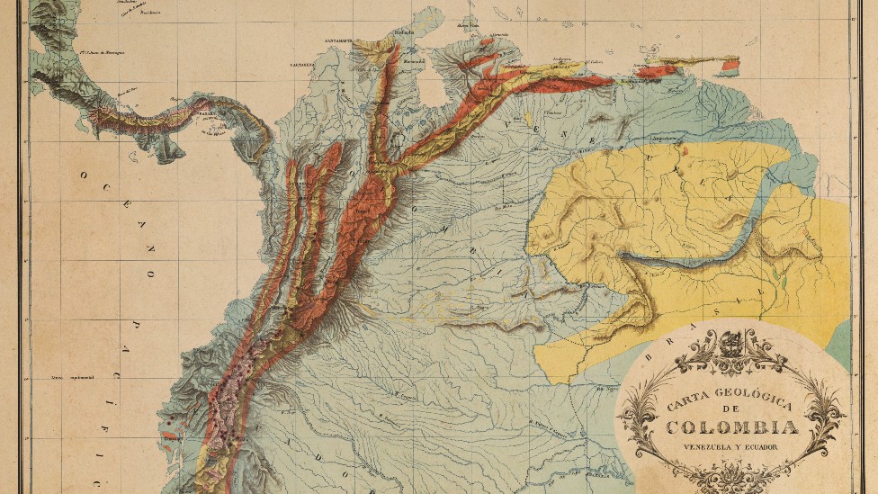 Mapa topográfico de Colombia y Venezuela.