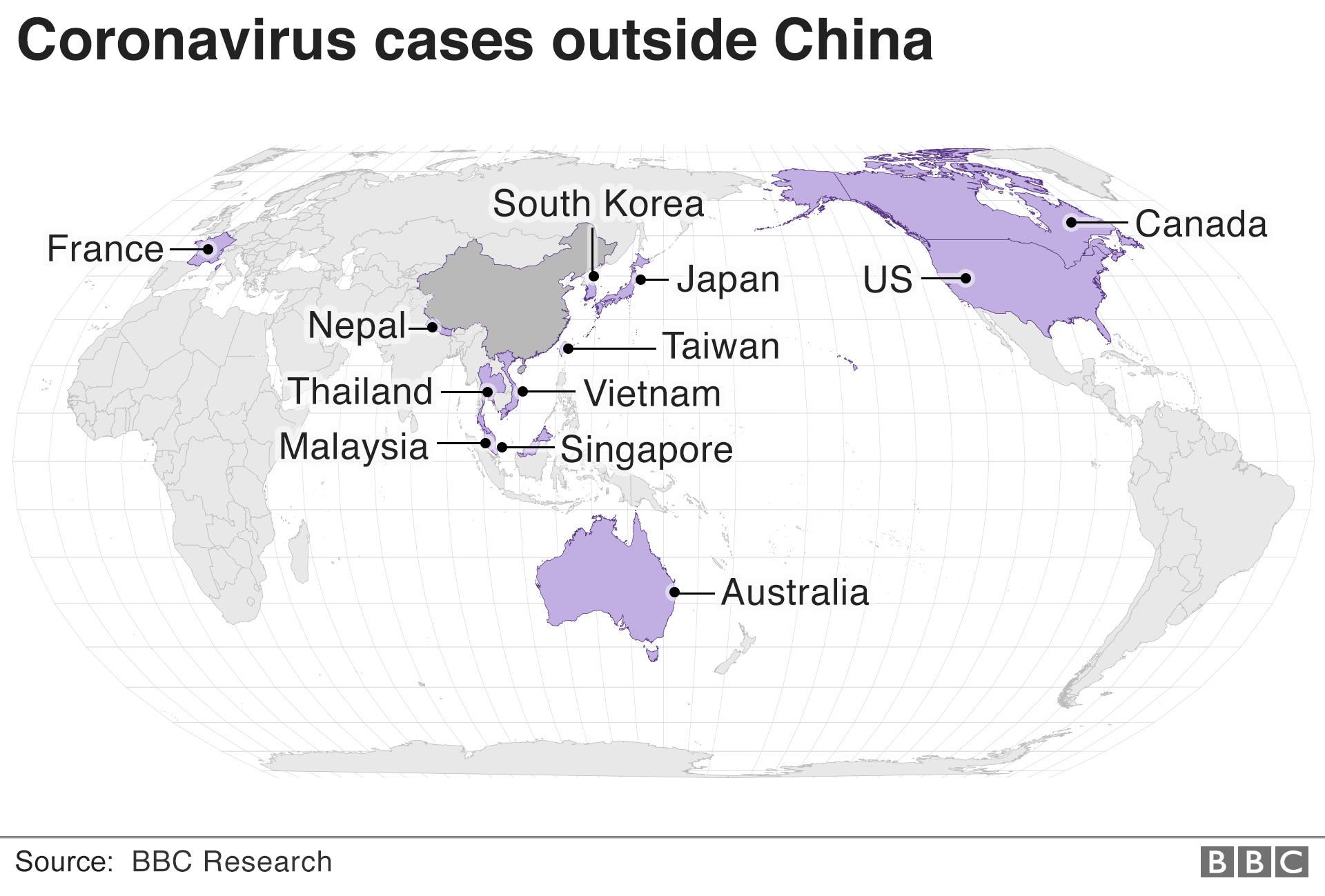 Карта распространения коронавируса за пределами Китая