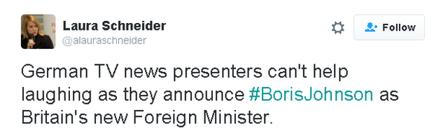 Ведущие немецкого телевидения не могут удержаться от смеха, когда объявляют # Бориса Джонсона новым министром иностранных дел Великобритании.