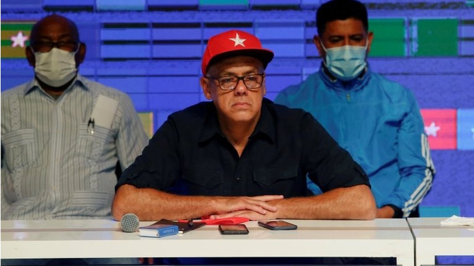 Parliamentary candidate Jorge Rodriguez looks on after the announcement of the results of the parliamentary election at the Bolivar Theater in Caracas, Venezuela, December 6, 2020