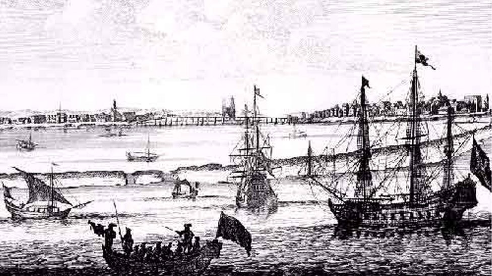 Imagen de 1645 de Mauritsstad, la capital del Brasil neerlandés y hoy parte de la ciudad brasileña de Recife.