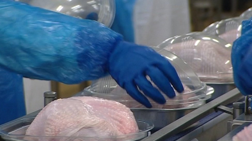 Рабочие упаковывают цыплят на заводе Banham Poultry, Аттлборо