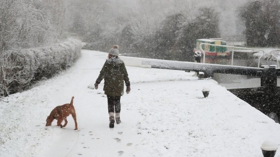 كلب وصديقته يسيران وسط الطقس البارد بالقرب من قناة في وولشتورب، في ليسترشير
