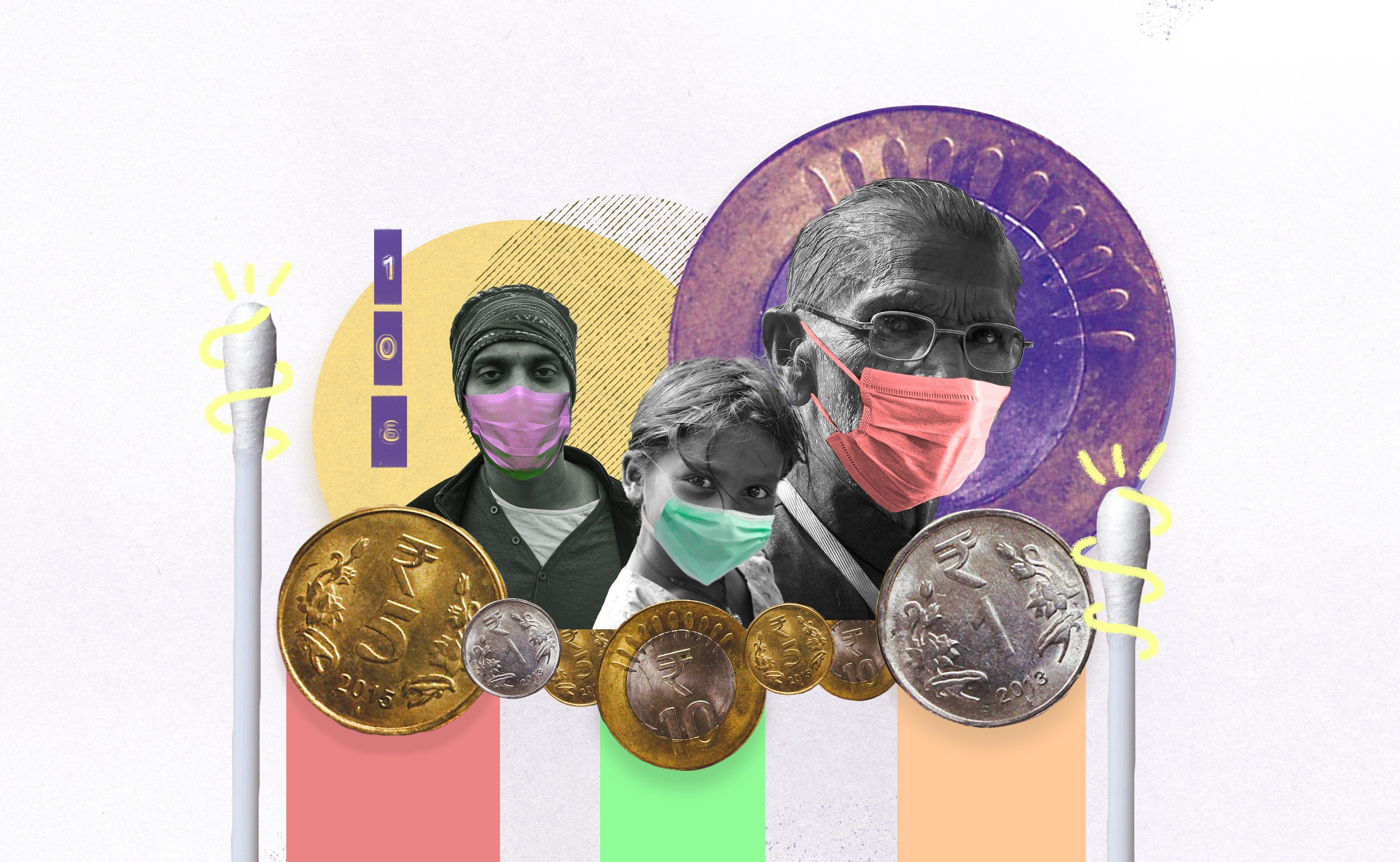 Collage de tres personas cubiertas con máscaras, junto a monedas indias.
