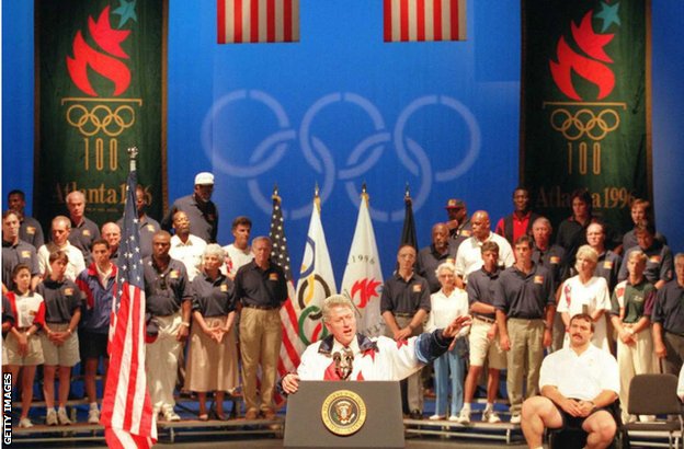 President Clinton gives a speech at the Olympic village in Atlanta, in 1996
