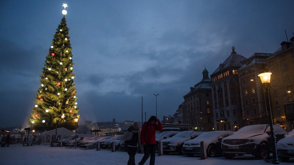 The lights of Stockholm's biggest Christmas tree are switched on for the first time during Advent Sunday on November 27, 2016