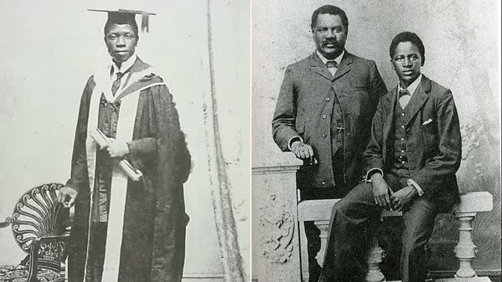 Д-р Лападо Олуволе, первый медицинский работник Нигерии, и Дэвидсон Дон Тенго Джабаву (со своим отцом Джоном Тенго Джабаву), которые основали Колледж Форт-Хэр