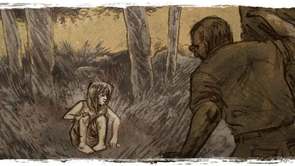 Ilustración de la niña en medio de vegetación densa junto al fotógrafo
