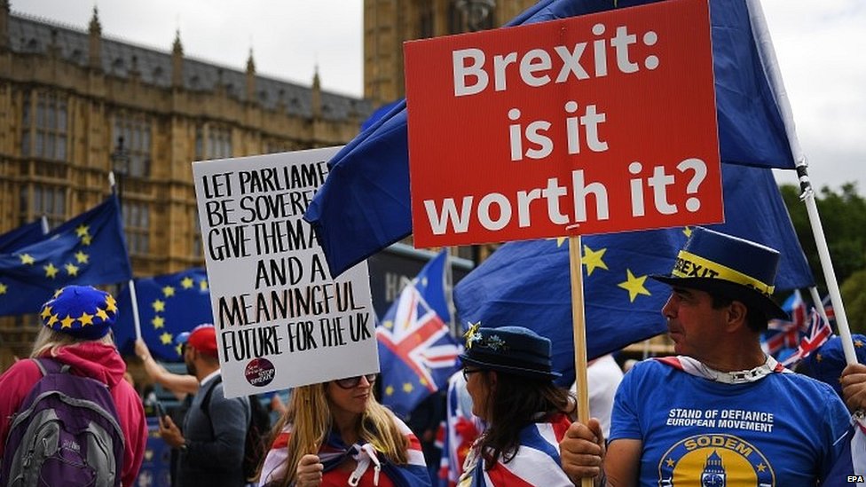 Activista anti Brexit fuera del Parlamento, en Londres