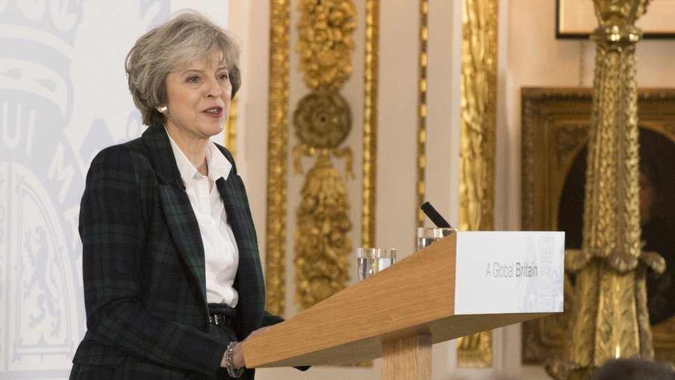 Theresa May speaking at Lancaster House in 2017