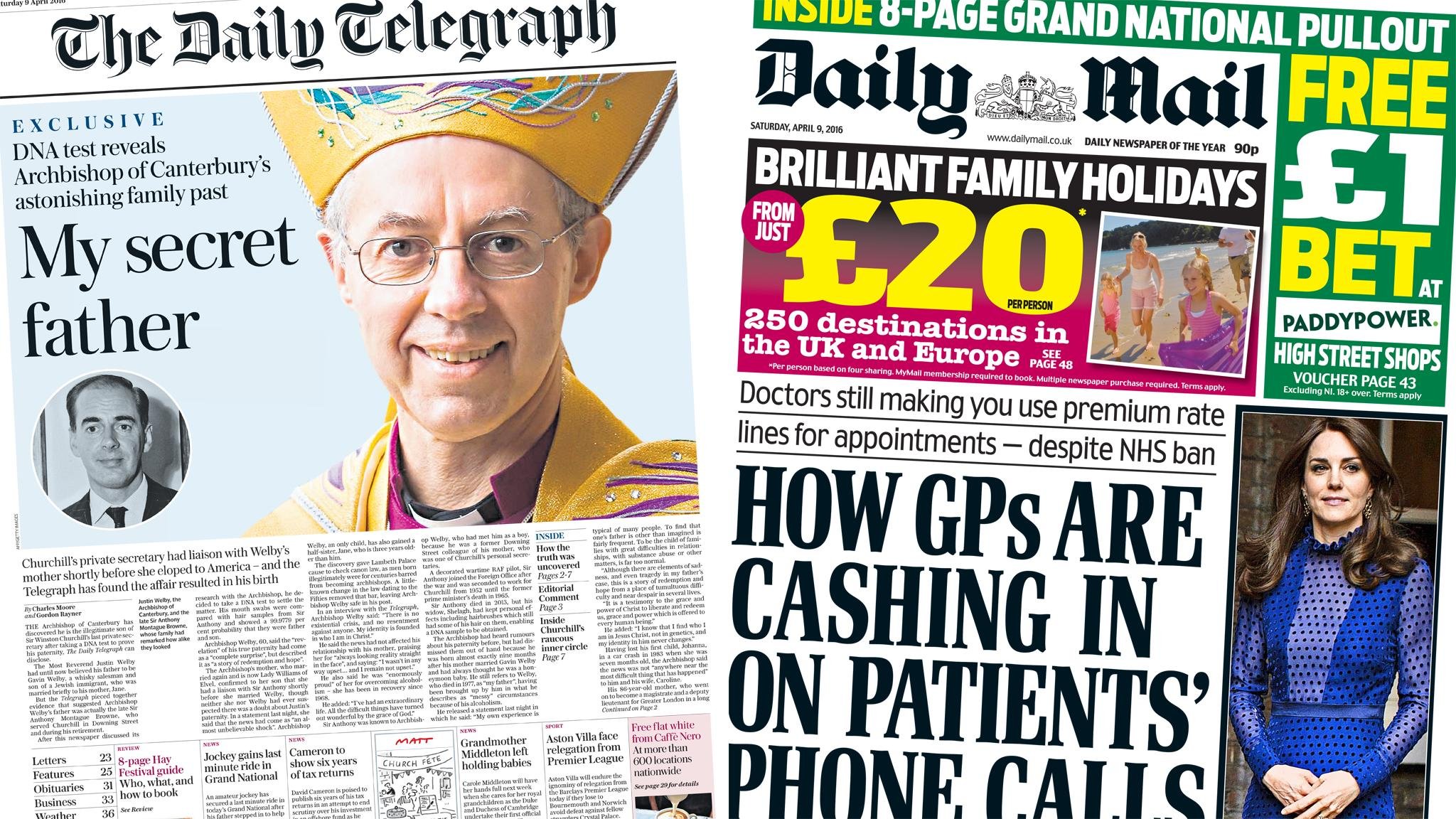 Newspaper headlines Archbishops surprise and GPs phone calls