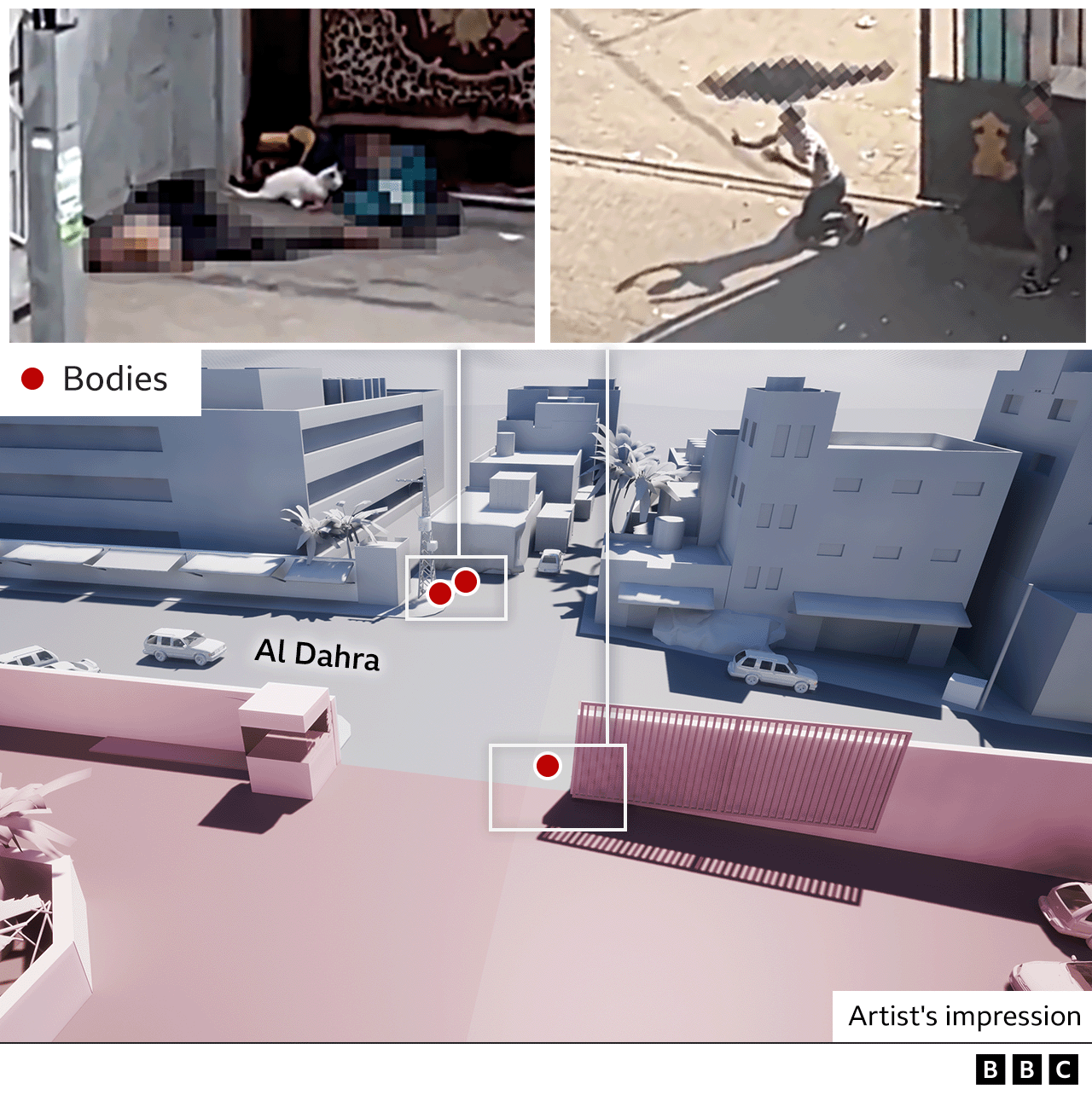 Maps showing where bodies were left in street outside Nasser hospital