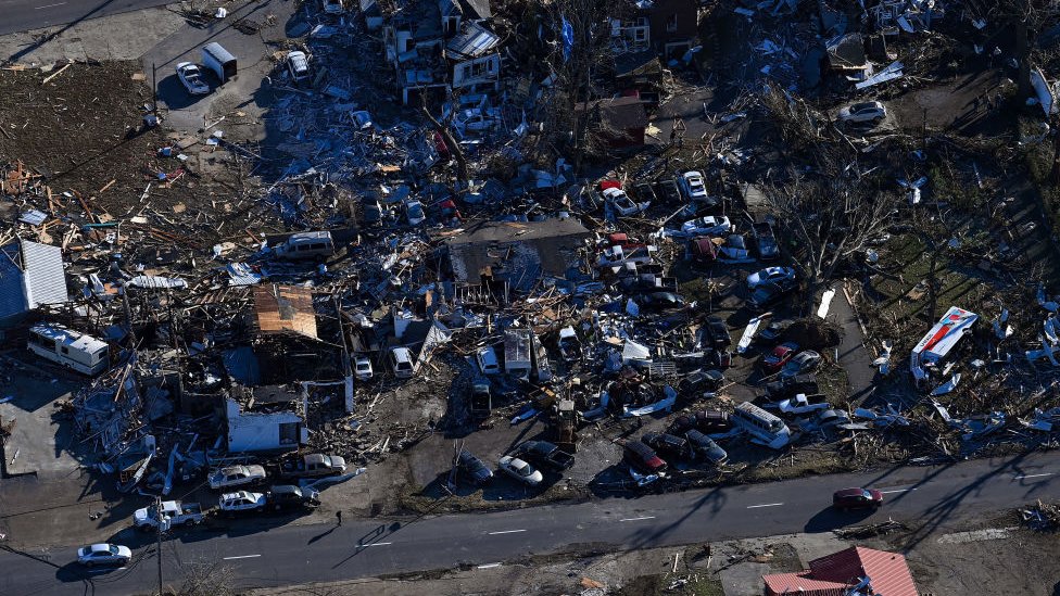 Homes destroyed by a tornado in Mayfield, Kentucky