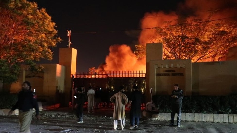 Smoke billows from the Serena hotel after a bomb blast in Quetta