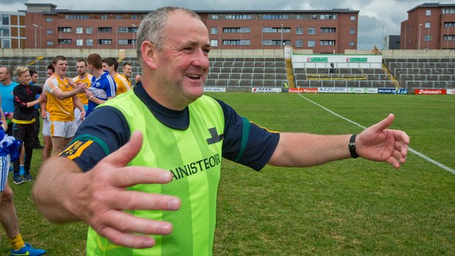 Antrim manager Frank Fitzsimons shows his delight after his team's shock qualifier win over Laois